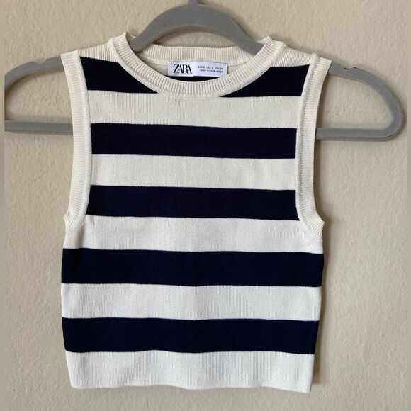 Zara Crop Blue Cream Top Knit Size S - Picture 5 of 8